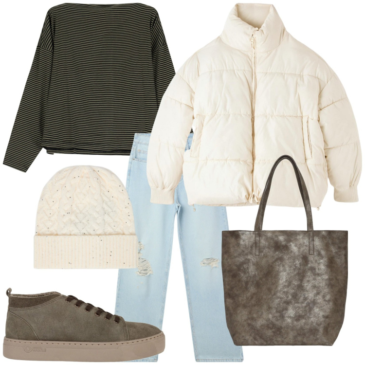 Outfit donna - Total look #2041324. Stile Urban per Tutti i giorni. Abbinamento con sneakers alte, shopping bag, jeans strappati, piumini, maglieria, cappelli.