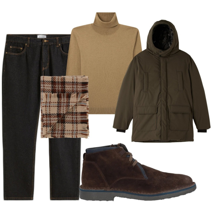 Outfit uomo - Total look #2041325. Stile Trendy per Tutti i giorni. Abbinamento con jeans dritti, stivali e stivaletti, parka, maglieria, sciarpe.