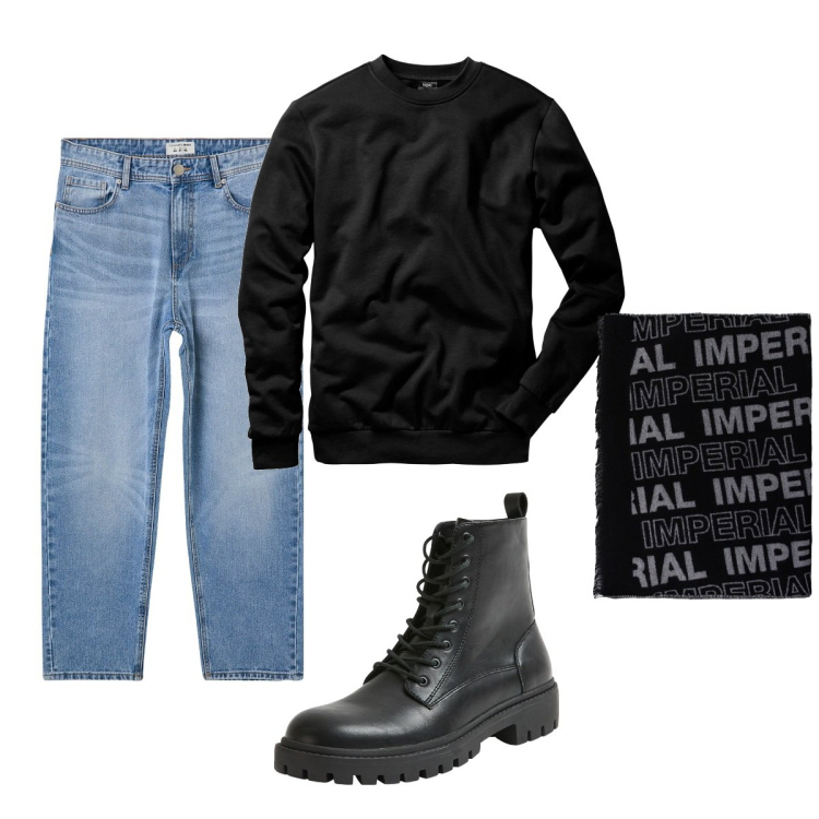 Outfit uomo - Total look #2041327. Stile Trendy per Tutti i giorni. Abbinamento con felpe, anfibi, jeans, sciarpe.