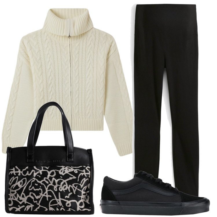 Outfit donna - Comodità dopo le feste. Stile Basic per Tutti i giorni. Abbinamento con leggings, borse a mano, sneakers, cardigans.