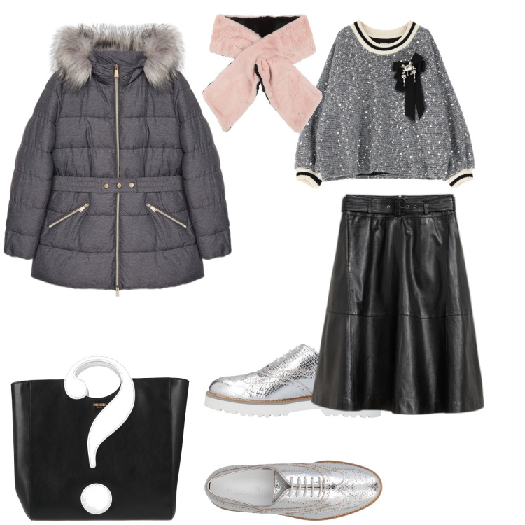Outfit donna - Prendo il nipote da scuola. per Tutti i giorni. Abbinamento con gonne, scarpe stringate, sciarpe, borse a mano, felpe, piumini.