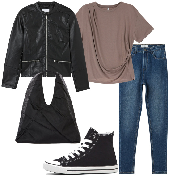 Outfit donna - Tutti i giorni. Stile Casual per Tutti i giorni. Abbinamento con sneakers alte, blazer, jeans skinny, t-shirt, shopping bag.