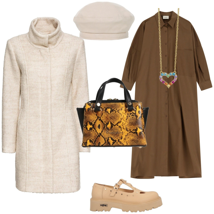 Outfit donna - Un caffè in riva al mare. per Tutti i giorni. Abbinamento con cappotti, borse a mano, mocassini, collane, vestiti lunghi, cappelli e berretti.