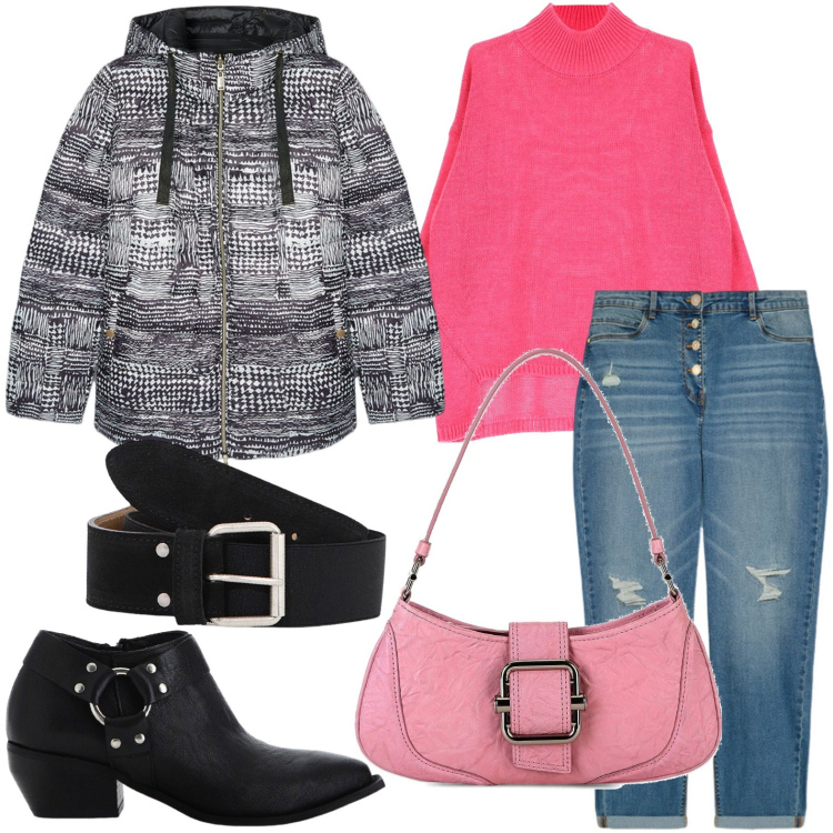 Outfit donna - Il piumino reversibile. Stile Trendy per Tutti i giorni. Abbinamento con maglieria, stivaletti, cinture, jeans strappati, piumini, borse a spalla.