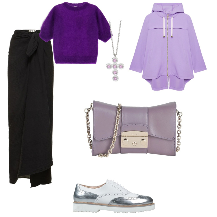 Outfit donna - Sfumature di colore. per Tutti i giorni. Abbinamento con scarpe stringate, borse a tracolla, ciondoli, maglieria, parka, gonne.