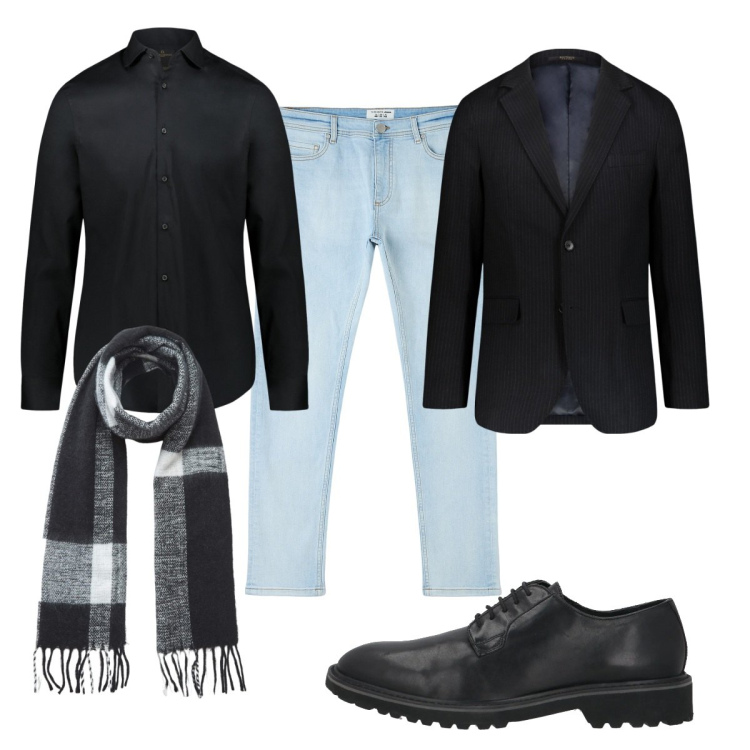 Outfit uomo - Total look #2041349. Stile Trendy per Tutti i giorni. Abbinamento con scarpe stringate, jeans skinny, sciarpe, camicie, giacche.