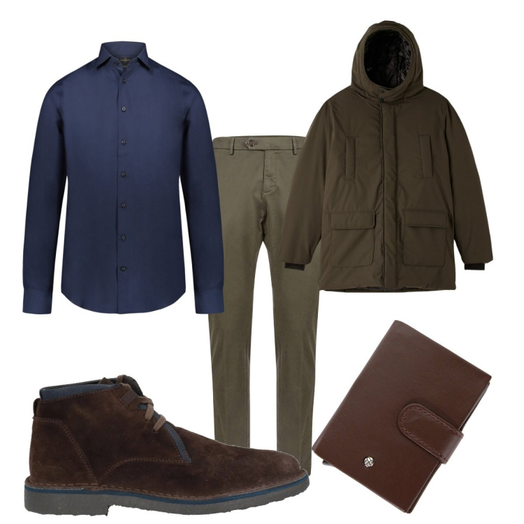 Outfit uomo - Total look #2041353. Stile Trendy per Tutti i giorni. Abbinamento con stivali e stivaletti, parka, portafogli, camicie, pantaloni chino.