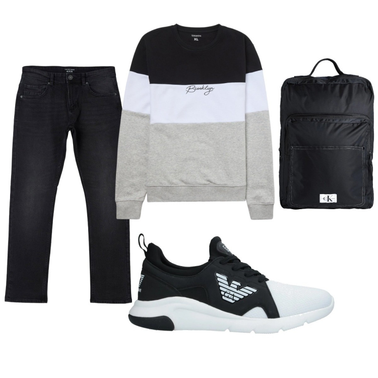 Outfit uomo - Total look #2041355. Stile Casual per Tutti i giorni. Abbinamento con borse sportive, sneakers, felpe, jeans dritti.