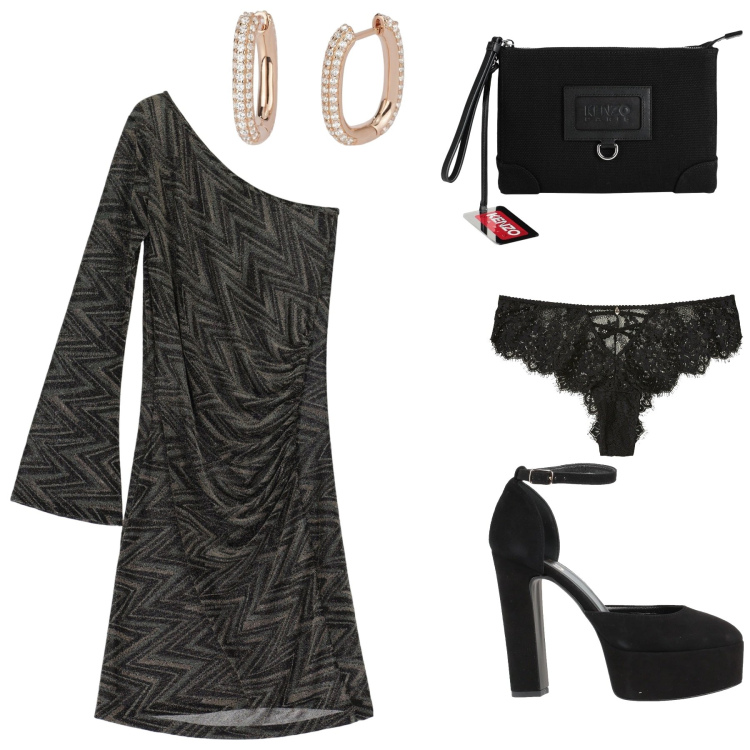 Outfit donna - Una serata diversa. Stile Casual chic per Serata fuori. Abbinamento con culotte, décolleté, borse a mano, orecchini, vestiti asimmetrici.