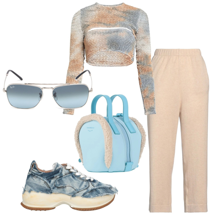 Outfit donna - Sporty chic. Stile Sporty chic per Tutti i giorni. Abbinamento con sneakers, zaini, top, pantaloni, occhiali da sole.