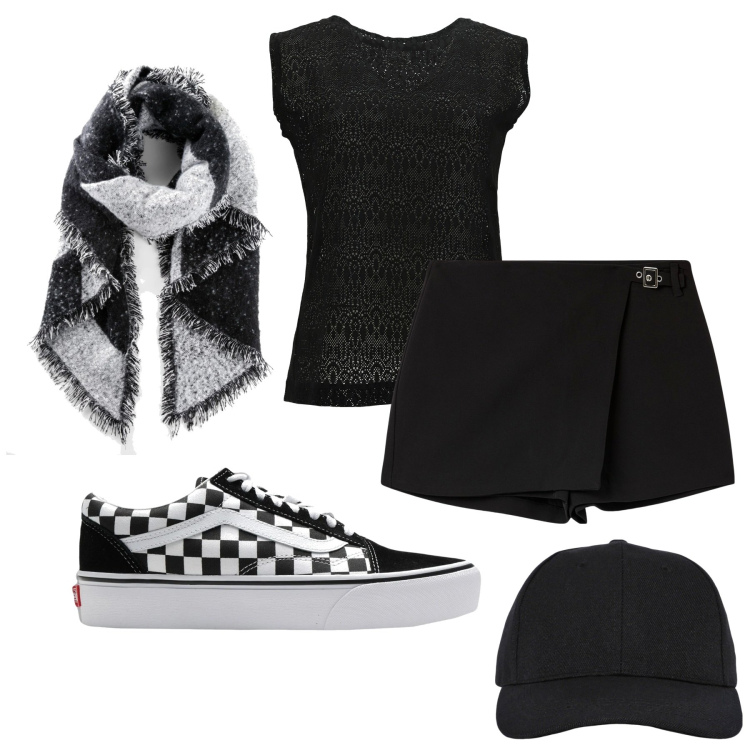Outfit donna - Gonna pantaloncino. Stile Urban per Tutti i giorni. Abbinamento con sciarpe, sneakers, cappelli con visiera, minigonne, t-shirt.