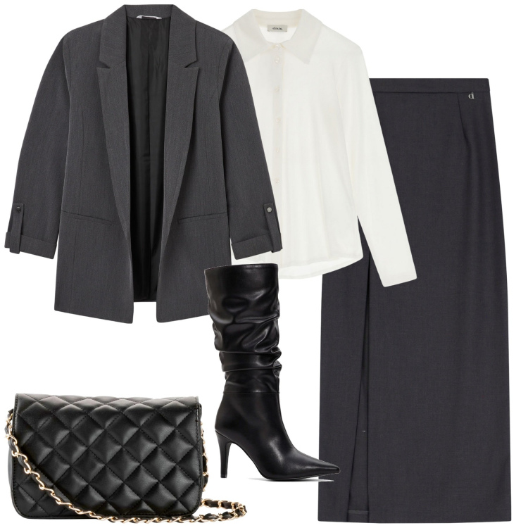 Outfit donna - City. Stile Urban per Tutti i giorni. Abbinamento con borse a tracolla, stivali, blazer, camicie, gonne lunghe.