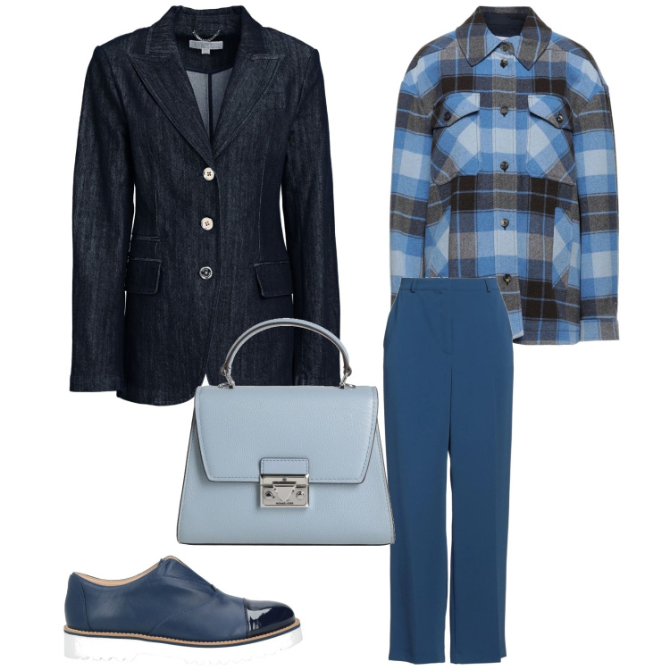 Outfit donna - A scuola. per Scuola/Università. Abbinamento con camicie, mocassini, borse a mano, blazer, pantaloni.