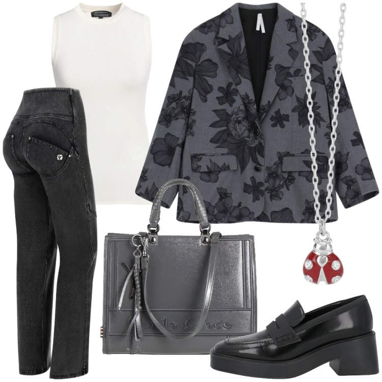 Outfit donna - Riunione di lavoro. Stile Urban per Ufficio. Abbinamento con mocassini, borse a mano, pullovers, collane, blazer, jeans.
