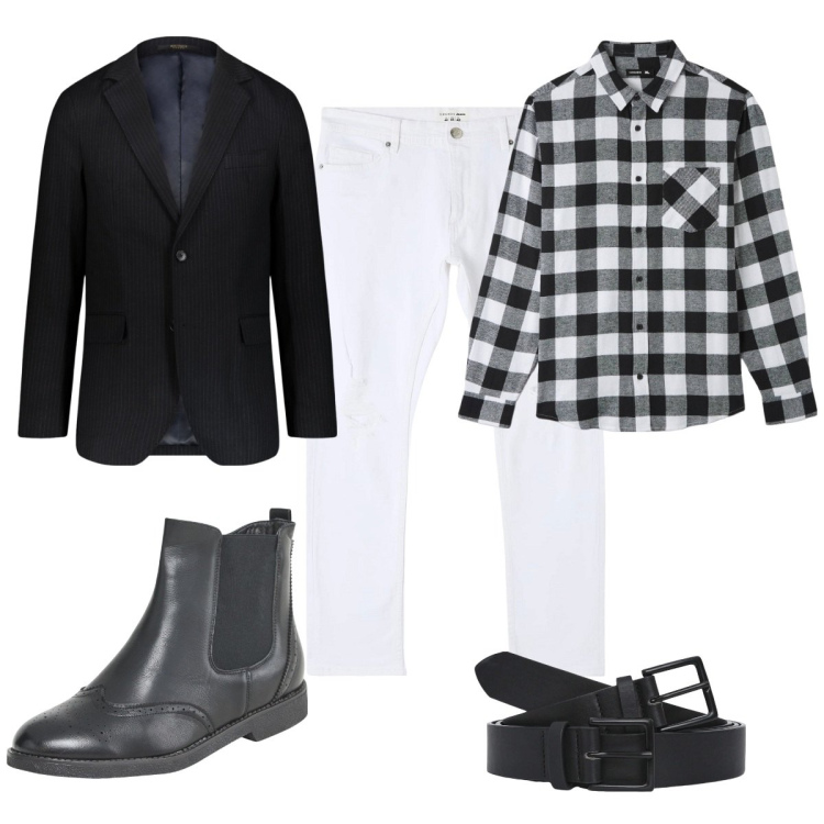 Outfit uomo - Total look #2041382. Stile Trendy per Tutti i giorni. Abbinamento con jeans strappati, stivali e stivaletti, camicie, cinture, giacche.