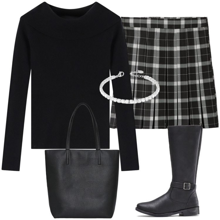 Outfit donna - Gonna anche in inverno. Stile Bon Ton per Tutti i giorni. Abbinamento con stivali, borse tote, minigonne, pullovers, braccialetti.