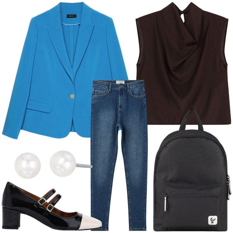 Outfit donna - Il maxi blazer. Stile Urban per Ufficio. Abbinamento con jeans skinny, orecchini, décolleté, top, zaini, blazer.