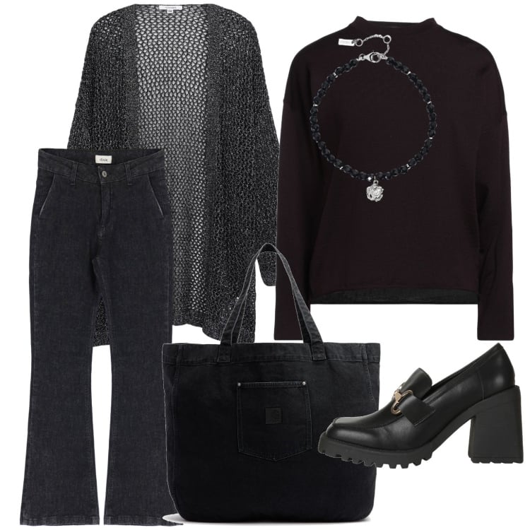 Outfit donna - Caffe con un\'amica. Stile Casual chic Abbinamento con pullovers, mocassini, braccialetti, kimono, jeans, shopping bag.