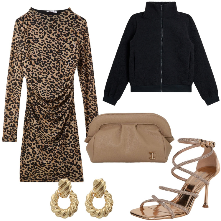 Outfit donna - Animalier. Stile Urban per Tutti i giorni. Abbinamento con vestiti lunghi, sandali col tacco, blazer, borse a mano, orecchini.