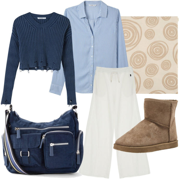 Outfit donna - Il pull micro. Stile Urban per Scuola/Università. Abbinamento con borse a tracolla, stivaletti, maglieria, camicie, pantaloni a palazzo, foulard.