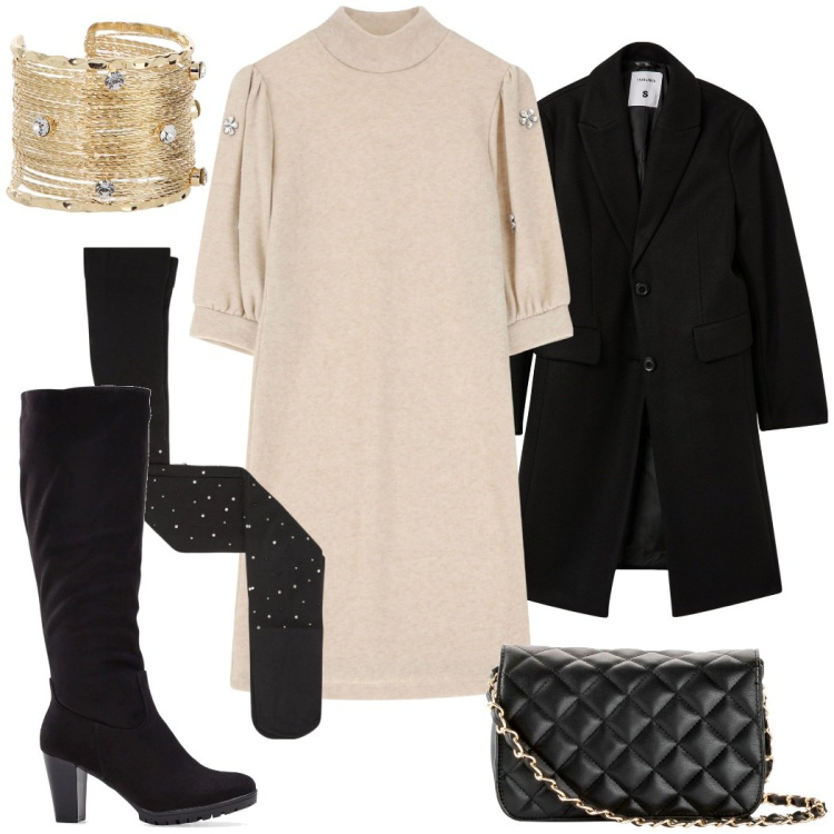 Outfit donna - Il vestito corto in maglia per la sera. Stile Bon Ton per Serata fuori. Abbinamento con stivali, borse a tracolla, cappotti, collant, vestiti corti, braccialetti.
