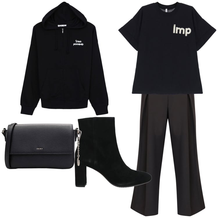 Outfit donna - Nero puro. Stile Minimal per Tutti i giorni. Abbinamento con borse a tracolla, stivaletti, felpe con cappuccio, t-shirt, pantaloni.