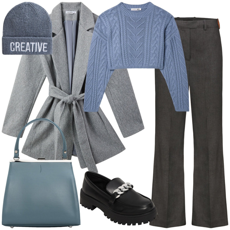 Outfit donna - Cerulean urban escape. Stile Casual chic per Tutti i giorni. Abbinamento con mocassini, cappotti, maglieria, berretti, pantaloni, clutch.