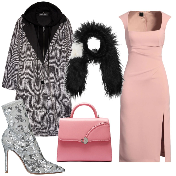 Outfit donna - Stivaletti lucenti. Stile Chic per Serata fuori. Abbinamento con vestiti midi/longuette, stivaletti, sciarpe, cappotti, borse a mano.