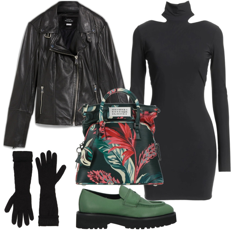 Outfit donna - La borsa floreale. Stile Urban per Ufficio. Abbinamento con blazer, guanti, mocassini, borse a mano, vestiti corti.