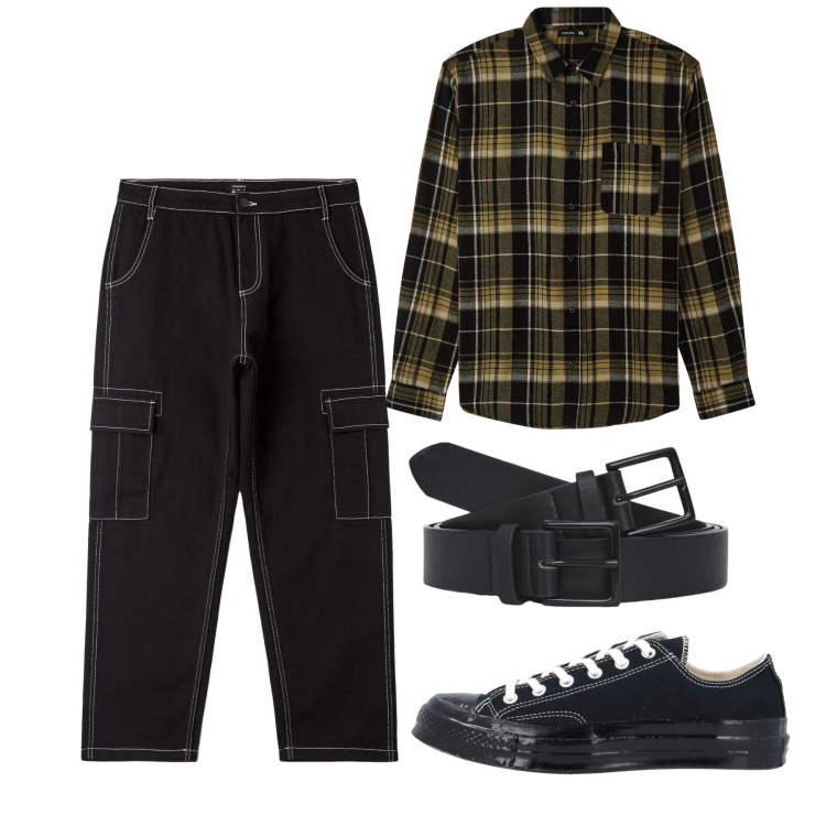 Outfit uomo - Total look. Stile Casual per Tutti i giorni. Abbinamento con sneakers, camicie, pantaloni cargo, cinture.