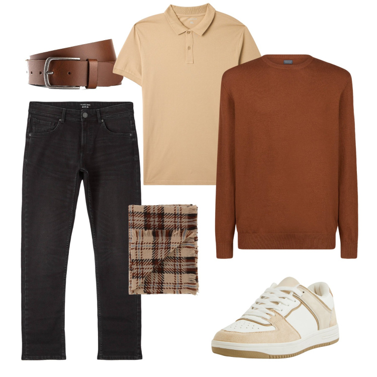Outfit uomo - La polo sotto il maglione. Stile Urban per Tutti i giorni. Abbinamento con cinture, sneakers, jeans, polo, sciarpe, maglieria.
