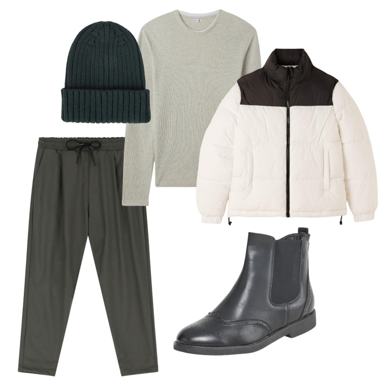 Outfit uomo - Total look. Stile Casual per Tutti i giorni. Abbinamento con stivali e stivaletti, piumini, maglieria, pantaloni, berretti.