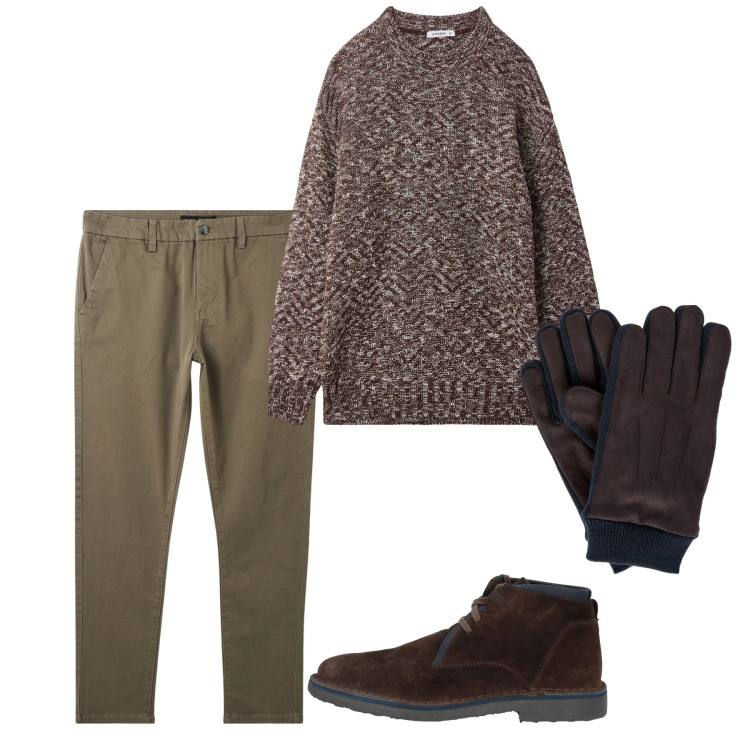 Outfit uomo - In marrone. Stile Casual per Tutti i giorni. Abbinamento con stivali e stivaletti, maglieria, pantaloni chino, guanti.