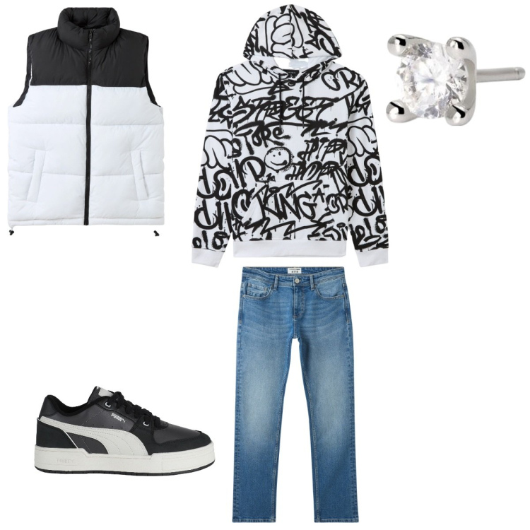 Outfit uomo - Semplice. Stile Biker Rock per Tutti i giorni. Abbinamento con sneakers, jeans, felpe con cappuccio, piumini, orecchini.
