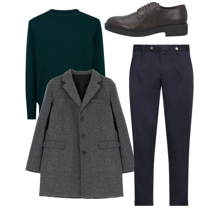 Outfit uomo - City. Stile Casual per Tutti i giorni. Abbinamento con scarpe stringate, pantaloni chino, cappotti, maglieria.