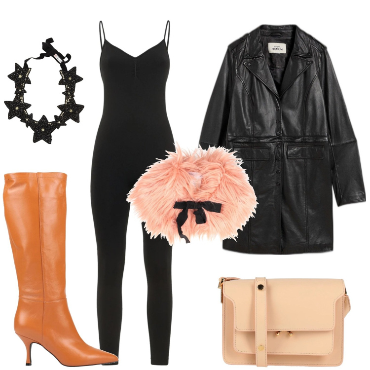 Outfit donna - La tuta rock. Stile Urban per Serata fuori. Abbinamento con blazer, stivali, sciarpe, collane, borse a tracolla, tute.