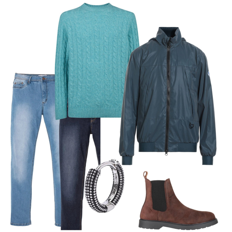 Outfit uomo - Giacca anti vento. Stile Trendy per Tutti i giorni. Abbinamento con jeans dritti, stivali e stivaletti, giacche, orecchini, maglieria.