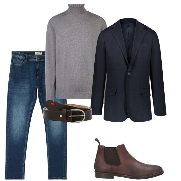 Outfit uomo - Dolcevita e blazer. Stile Casual per Tutti i giorni. Abbinamento con stivali e stivaletti, jeans skinny, cinture, giacche, maglieria.