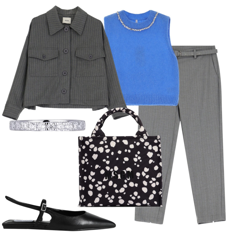 Outfit donna - Saldi invernali. Stile Chic per Ufficio. Abbinamento con anelli, pantaloni, maglieria, blazer, ballerine, shopping bag.
