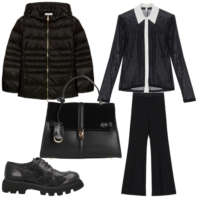 Outfit donna - Bianco e nero. Stile Casual chic per Ufficio. Abbinamento con scarpe stringate, borse a mano, pantaloni, camicie, piumini.