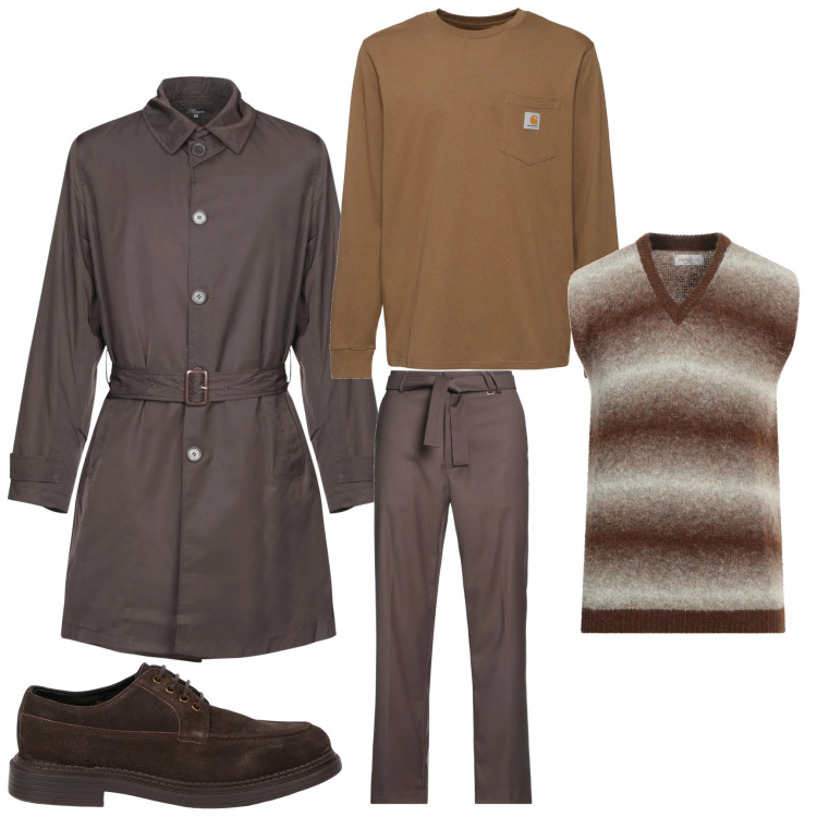 Outfit uomo - Color caffè. Stile Casual per Ufficio. Abbinamento con pullovers, trench, pantaloni, scarpe stringate, t-shirt.