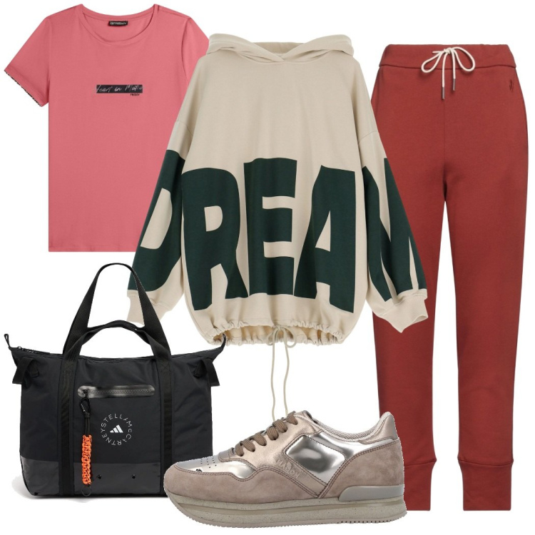Outfit donna - Pomeriggio libero. Stile Sporty chic per Tutti i giorni. Abbinamento con sneakers, pantaloni sportivi, felpe con cappuccio, t-shirt, shopping bag.