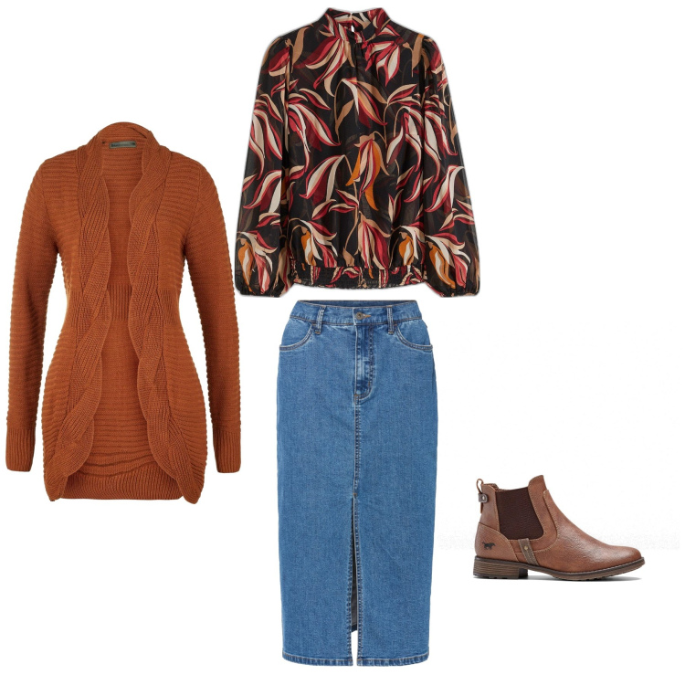Outfit donna - Total look #2041531. Stile Casual per Tutti i giorni. Abbinamento con cardigans, gonne lunghe, bluse, stivaletti chelsea.