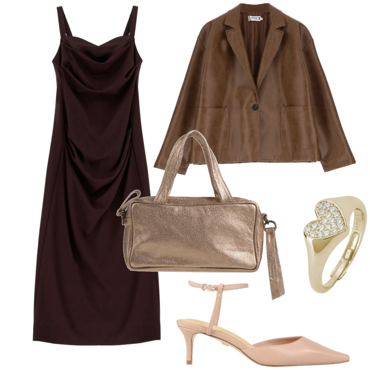 Outfit donna - Saldi invernali. Stile Glamour per Serata fuori. Abbinamento con décolleté, borse a mano, anelli, blazer, vestiti midi/longuette.