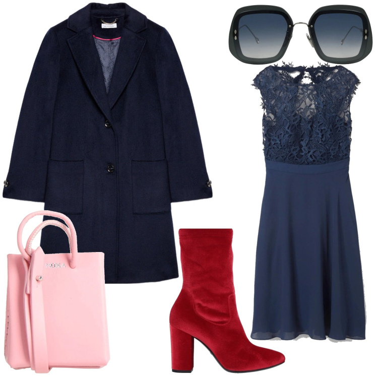 Outfit donna - Il classico blu. Stile Romantica per Serata fuori. Abbinamento con vestiti corti, stivaletti, borse a spalla, occhiali da sole, cappotti.