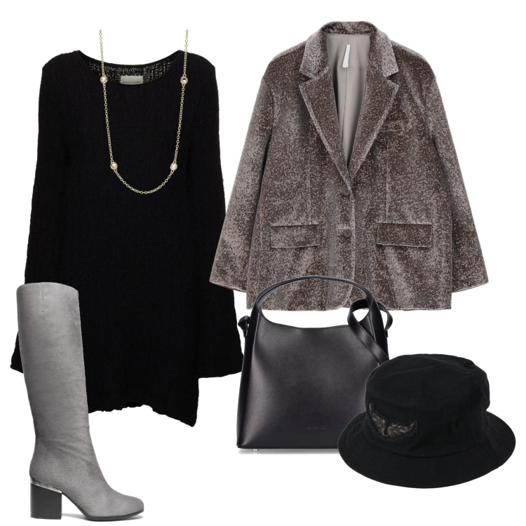 Outfit donna - Serata paillettes. Stile Chic per Serata fuori. Abbinamento con stivali, cappelli, collane, blazer, borse a mano, vestiti.