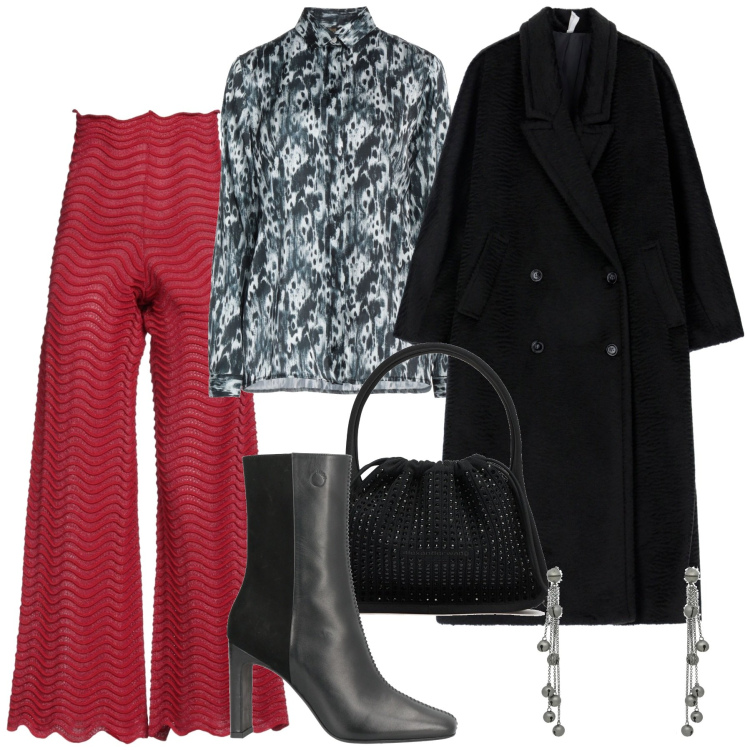 Outfit donna - Saldi invernali. Stile Trendy per Ufficio. Abbinamento con stivaletti, pantaloni, camicie, orecchini, cappotti, borse a mano.