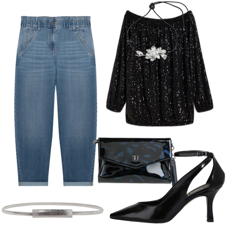 Outfit donna - Total look #2041555. Stile Trendy per Serata fuori. Abbinamento con maglieria, borse a mano, décolleté, collane, cinture, jeans.