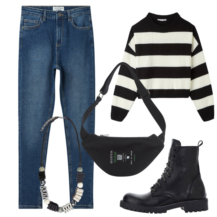 Outfit donna - Total look #2041560. Stile Casual per Tutti i giorni. Abbinamento con marsupi, maglieria, jeans skinny, stivaletti, collane.