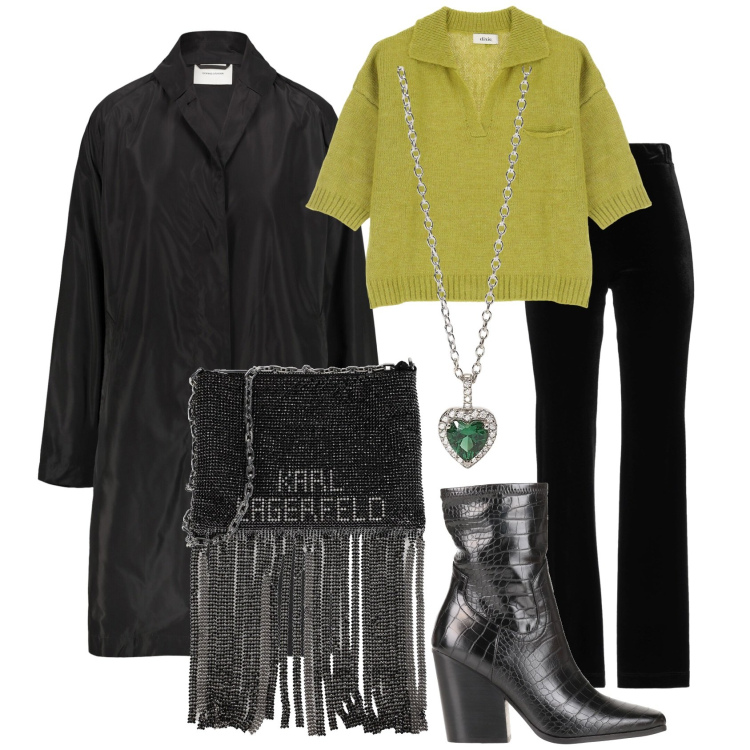 Outfit donna - Nero e lime. Stile Glamour per Tutti i giorni. Abbinamento con pantaloni, stivaletti, borse a mano, ciondoli, maglieria, trench.
